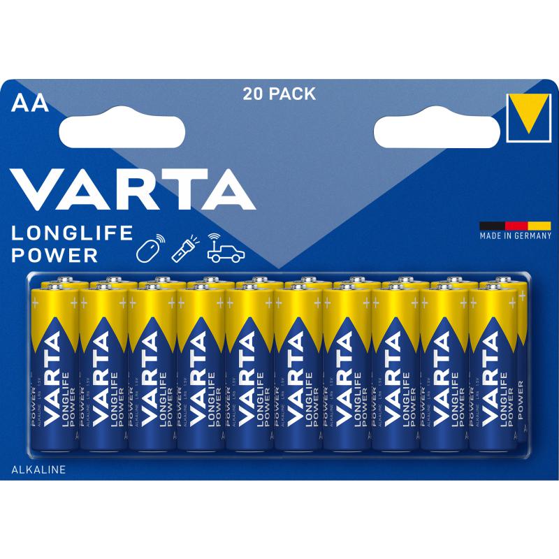 Varta Batterie Alkaline, Mignon, AA, LR06, 1.5V Longlife Power, Retail Blister 20-Pack