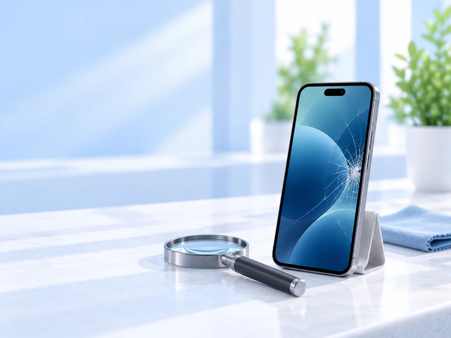 Smartphone mit sichtbar beschädigtem Display zur individuellen Prüfung