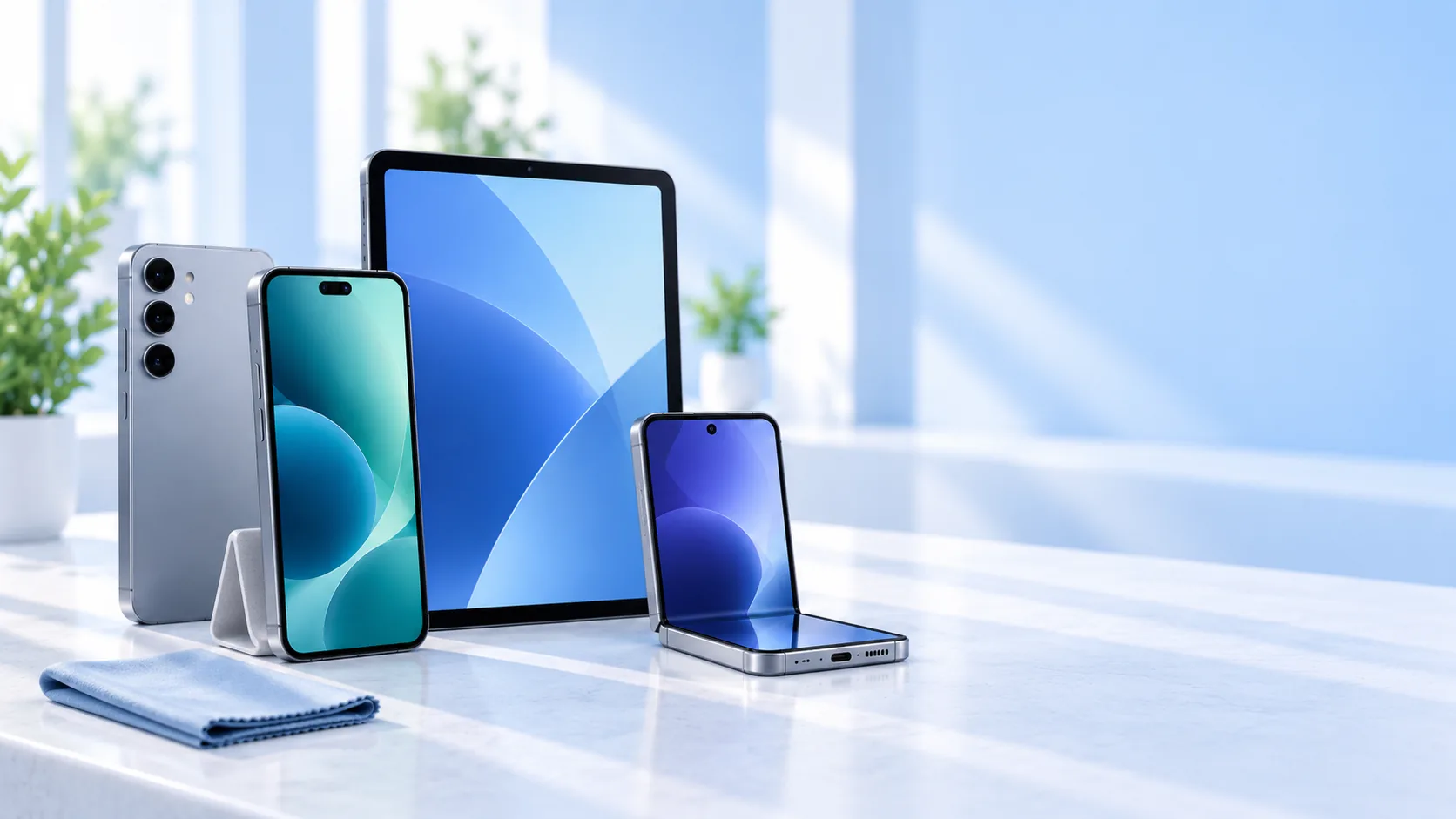Illustrative Auswahl gepflegter Smartphones und eines Tablets