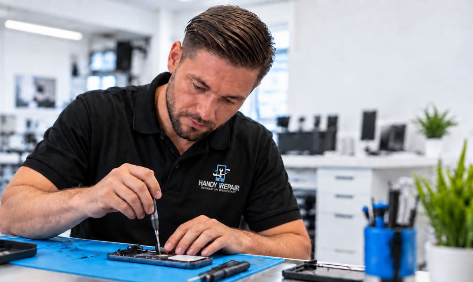 Symbolbild: Techniker bei der Reparatur eines geöffneten Smartphones